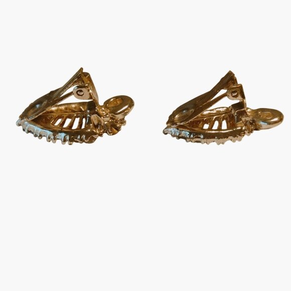 Gold Tone Filigree Leaf Clip On Earrings Clear Green Rhinestones - Picture 3 of 4